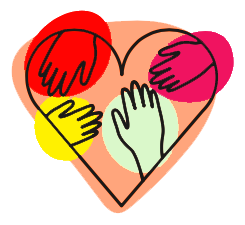 A heart-shaped illustration with colorful hands in a gesture of unity and support.