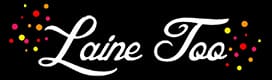 Logo of laine too featuring cursive text with colorful confetti accents on a black background.