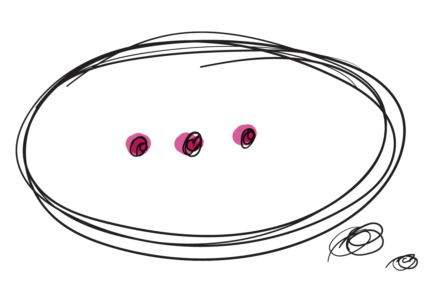 Illustration of a cartoon face with a minimalist LaineToo style, featuring three spirals representing eyes and a mouth on an oval head.