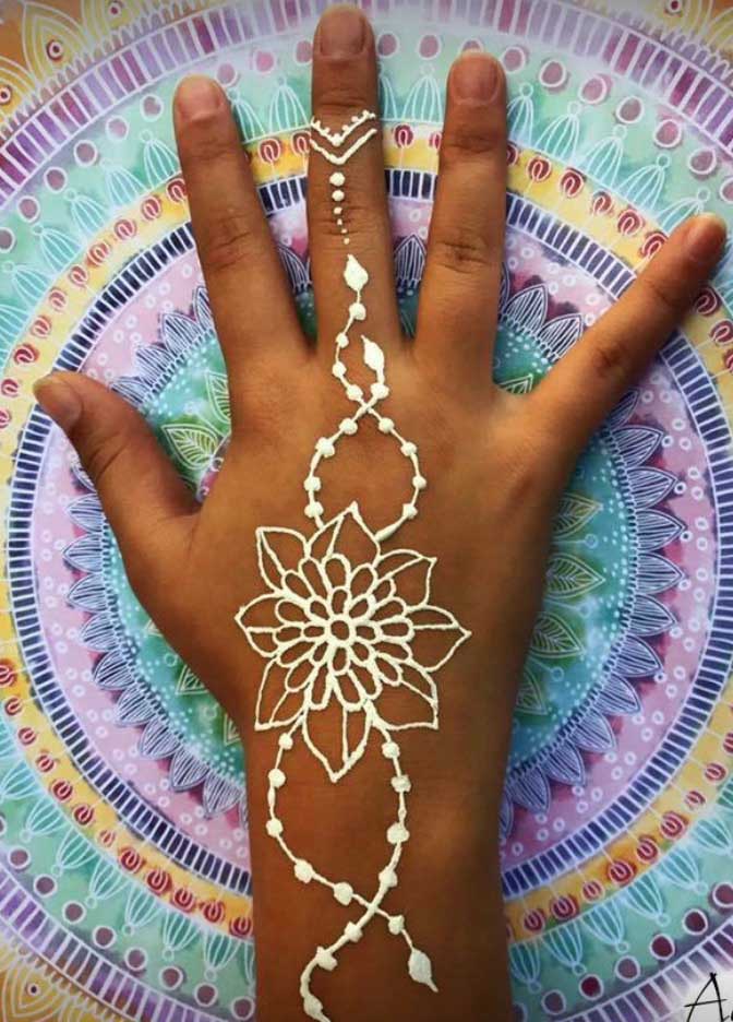 A hand with white henna in a floral design against a colorful mandala background.