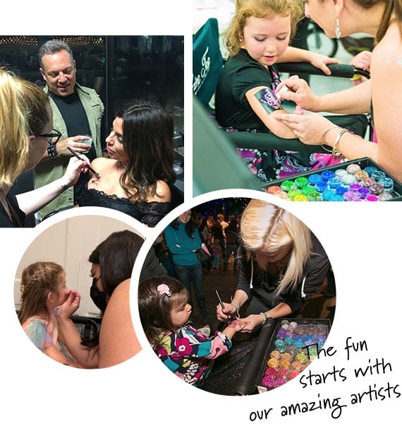 A collage of images showing face painting artists at work, with an overlay text that reads, "the fun starts with our amazing artists.