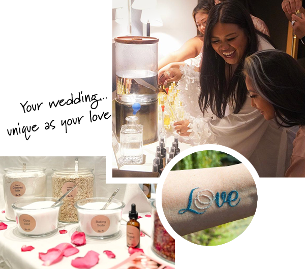 A collage of three images showing a handcrafting station with jars and bottles, two people smiling while creating something, and a close-up of a tattoo with the word "love" on someone's arm.