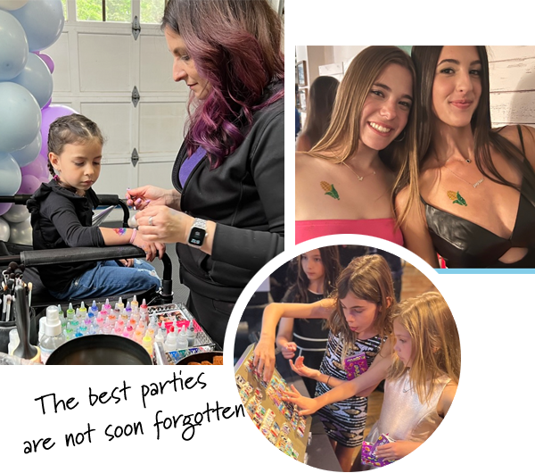 A collage of three photos showing moments from a party: a child getting a face paint, two young women showing off temporary tattoos, and girls looking at an activity board.