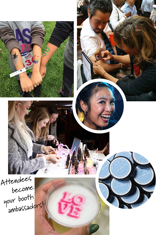 A collage of event moments featuring temporary tattoos, makeup application, and personalized foam art on beverages.