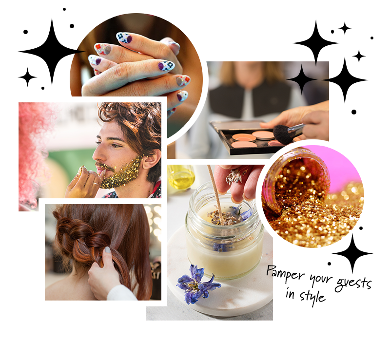 A collage of beauty and self-care activities, including nail art by LaineToo, makeup application, a man grooming his beard, hair styling, and natural skincare products.