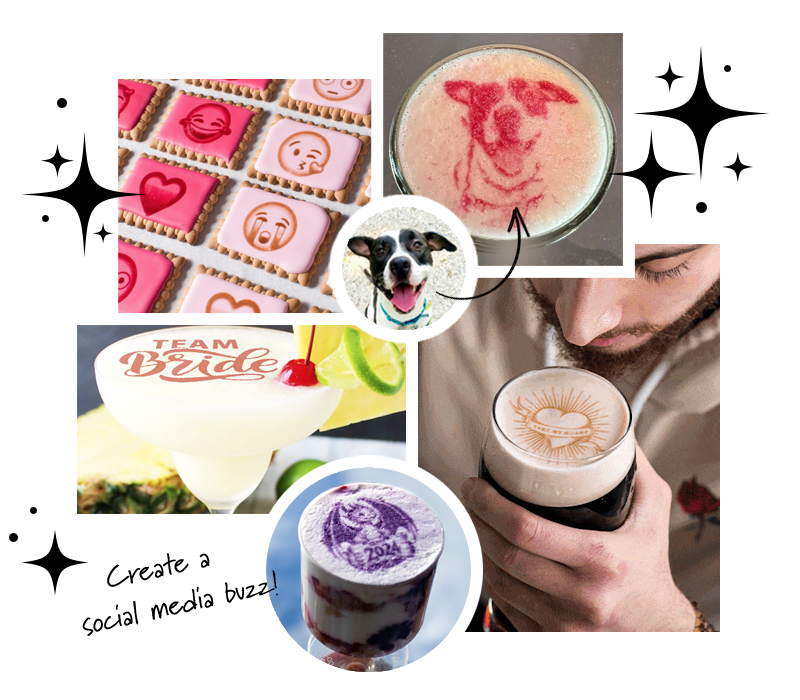 A collage of custom-decorated and personalized LaineToo beverages and cookies, featuring images like faces, symbols, and a pet, being admired by a person.