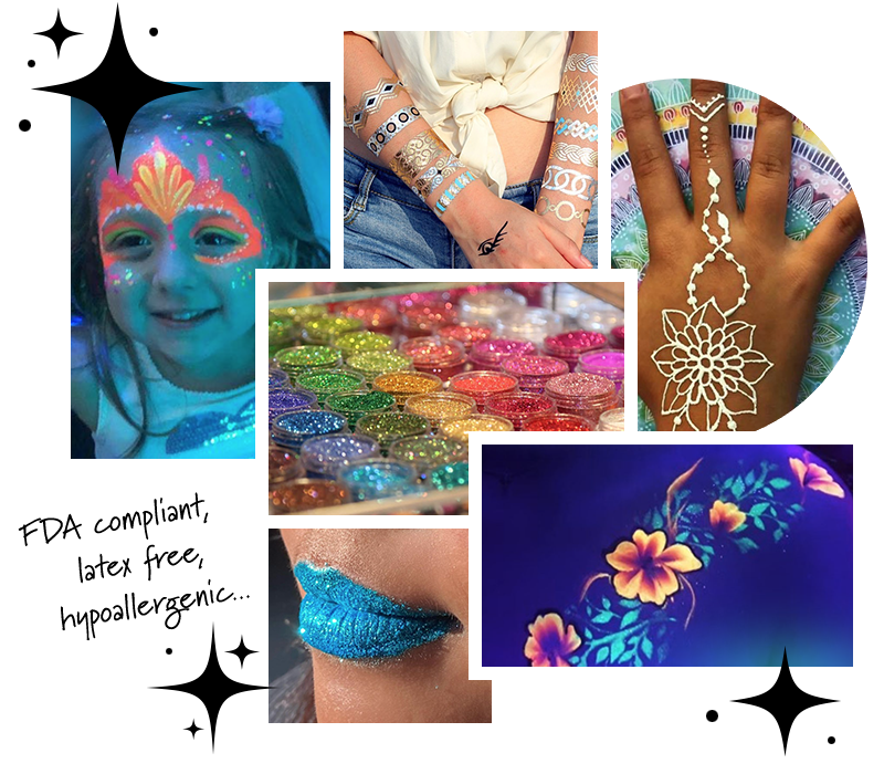 A collage of images showcasing colorful LaineToo glitter and body art: a glitter-painted face, temporary tattoos, sparkling lip art, decorated hands, and assorted glitter jars.