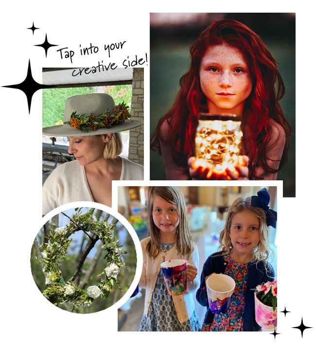 A collage featuring various scenes: a person with a "creative soul" hat, a young girl with red hair, a flower crown, and two children holding drinks.