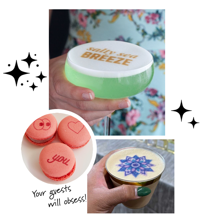 A collage of three images featuring a hand holding a green cocktail with "salt sea breeze" drink imprinting on it, pink heart-shaped macarons with "i love you" message, and a