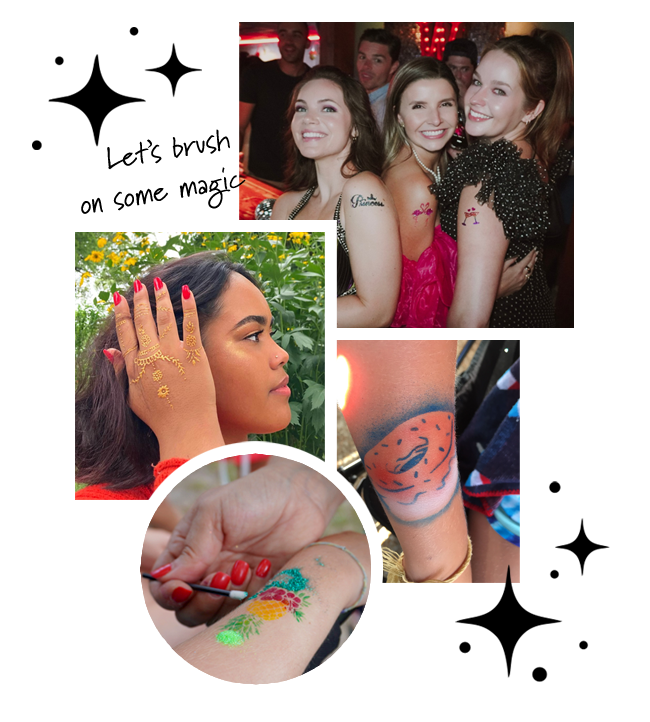 A collage of images showcasing various temporary body art styles, including glitter tattoos, henna designs, and face paint.